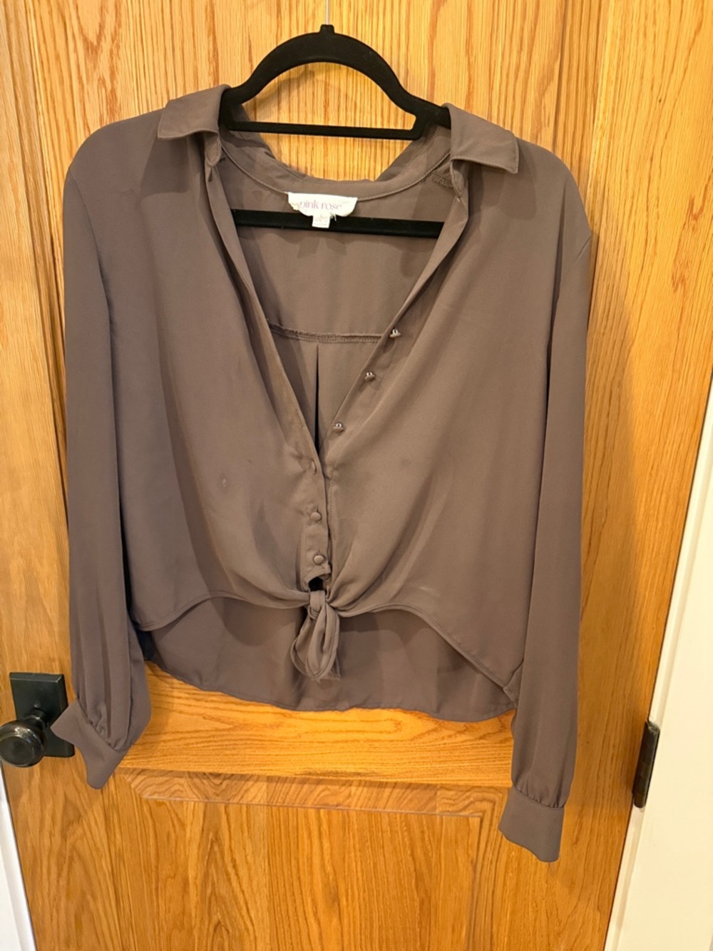 Pink Rose Taupe Tie-Front Button-Down Blouse
